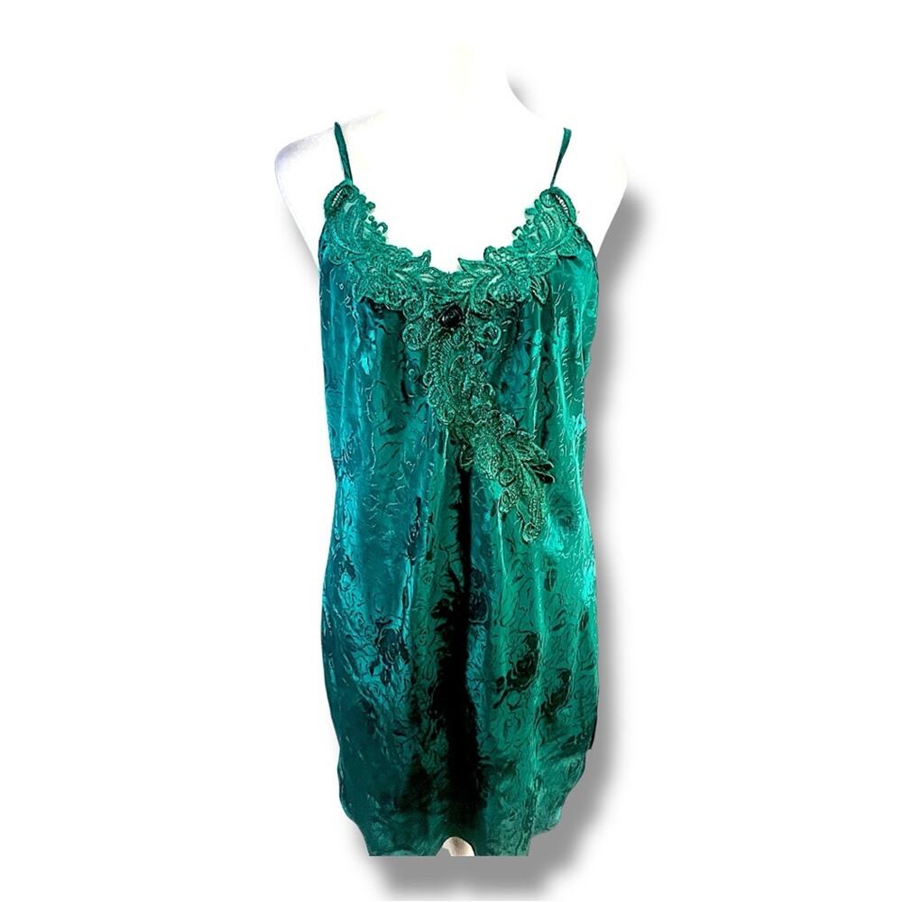CALIFORNIA DYNASTY Label Vintage Teal Green Floral & Lace Chemise SZ M